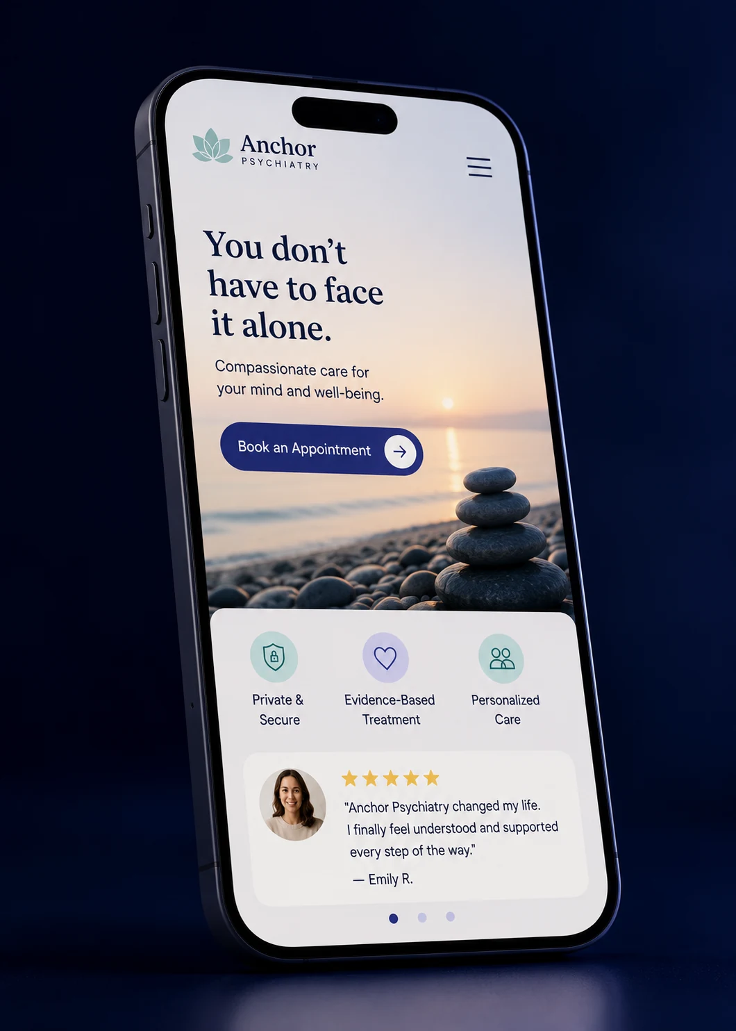 Mobile view of a psychiatry practice website design concept on a smartphone, with a calm hero photo, a reassuring headline, a Book an Appointment button and a review row, designed by Proximity Ranker