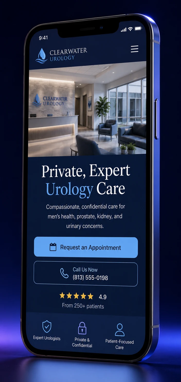 Mobile view of a urology practice website design concept on a smartphone, with a hero photo, a headline about private expert urology care, a Request an Appointment button and a 4.9 star review row, designed by Proximity Ranker