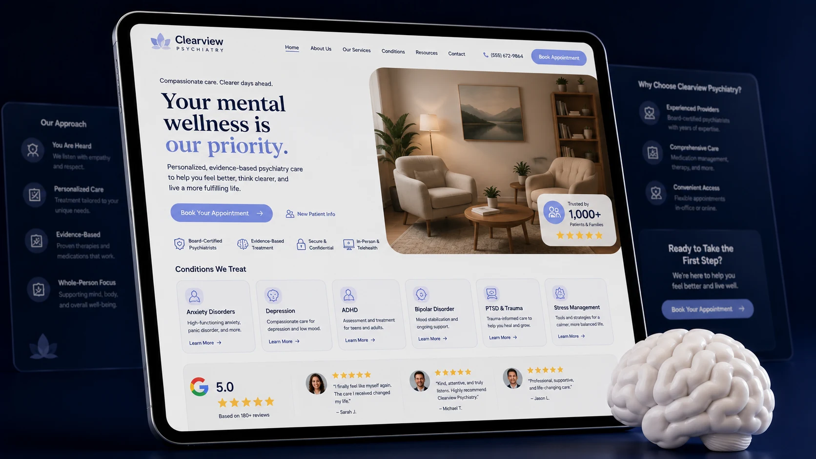General psychiatry practice website design concept on a tablet, designed by Proximity Ranker