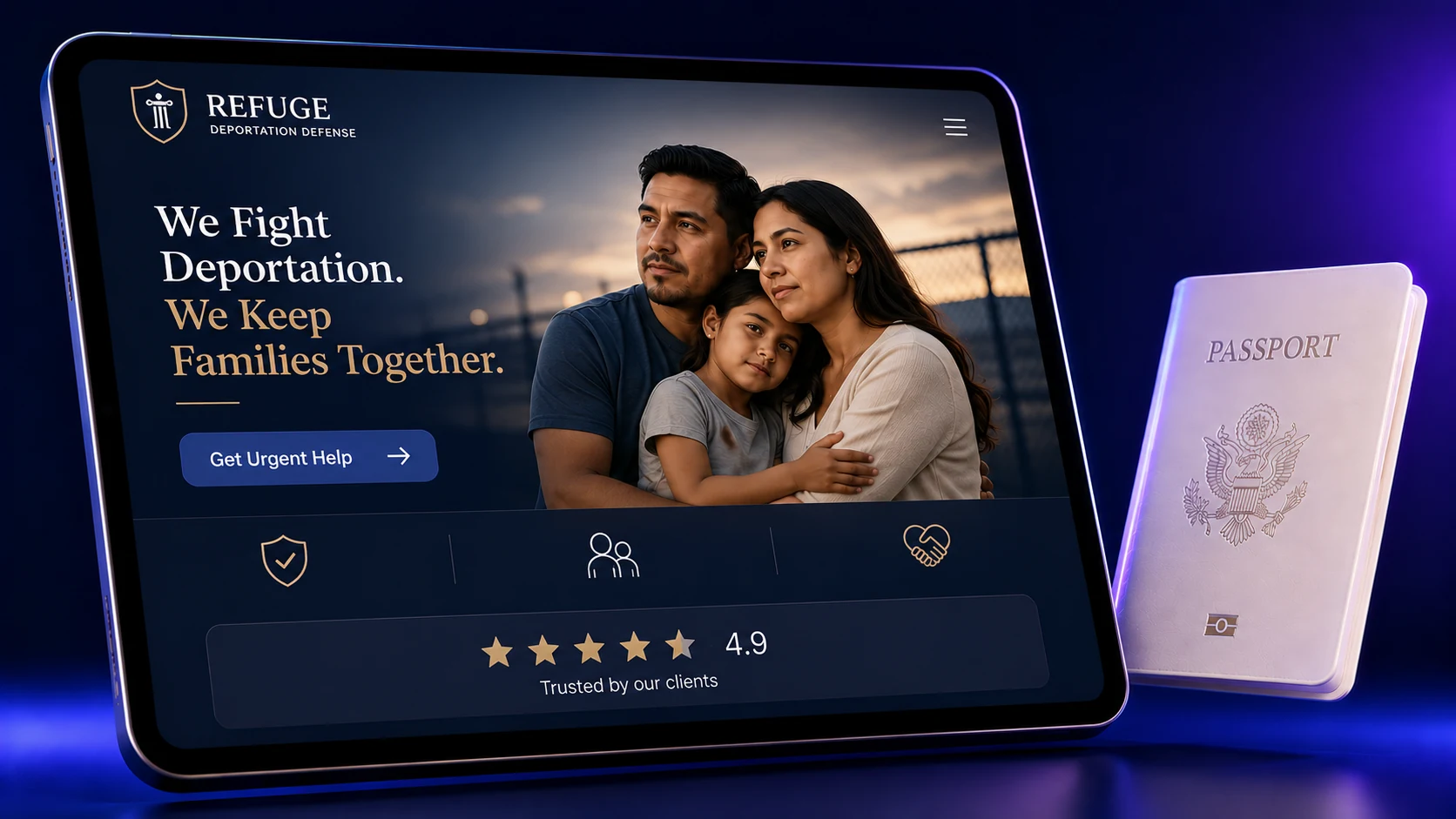 Deportation and removal defense immigration law firm website design concept on a tablet, designed by Proximity Ranker