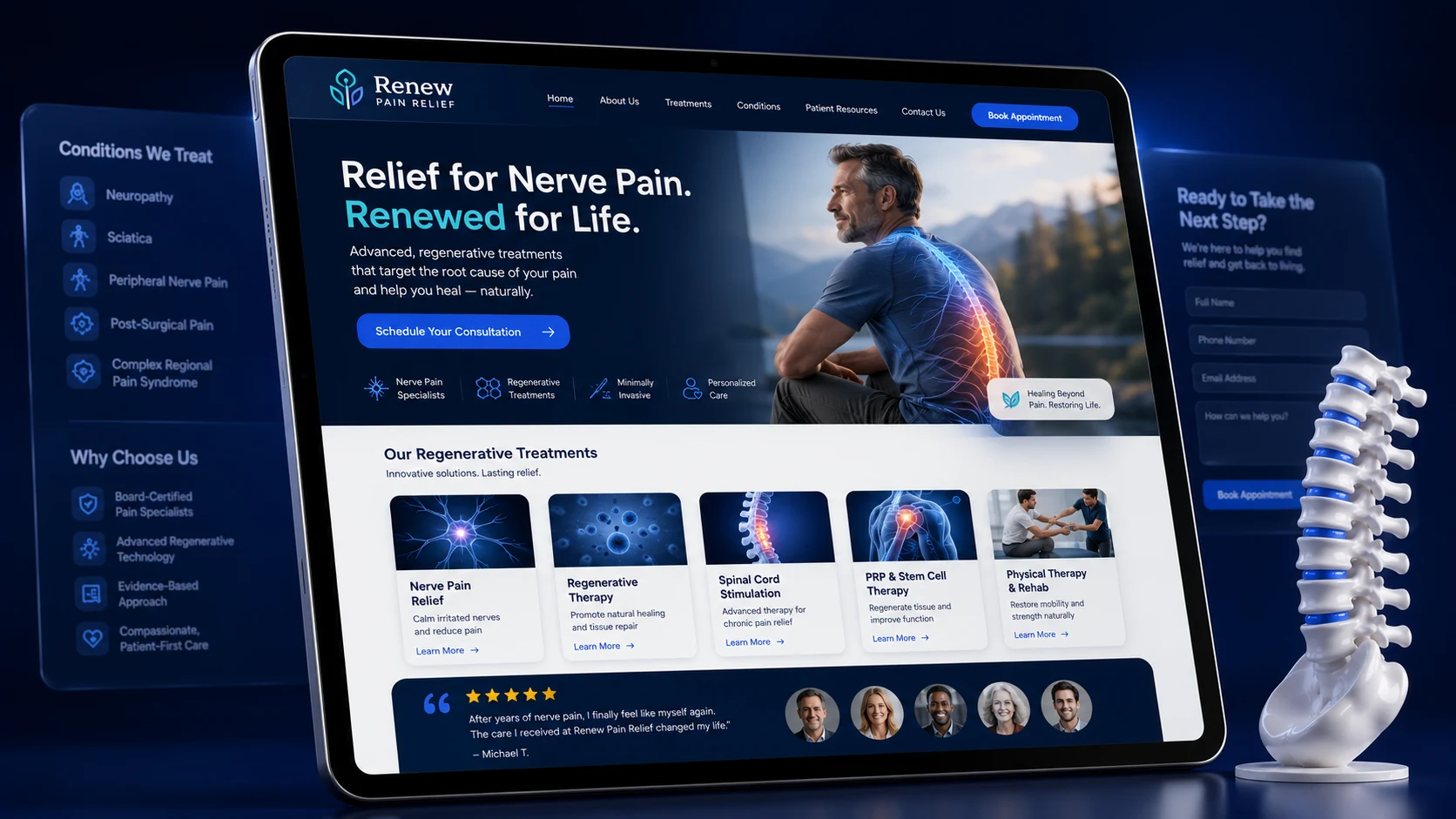 Nerve pain and regenerative pain clinic website design concept on a tablet, designed by Proximity Ranker