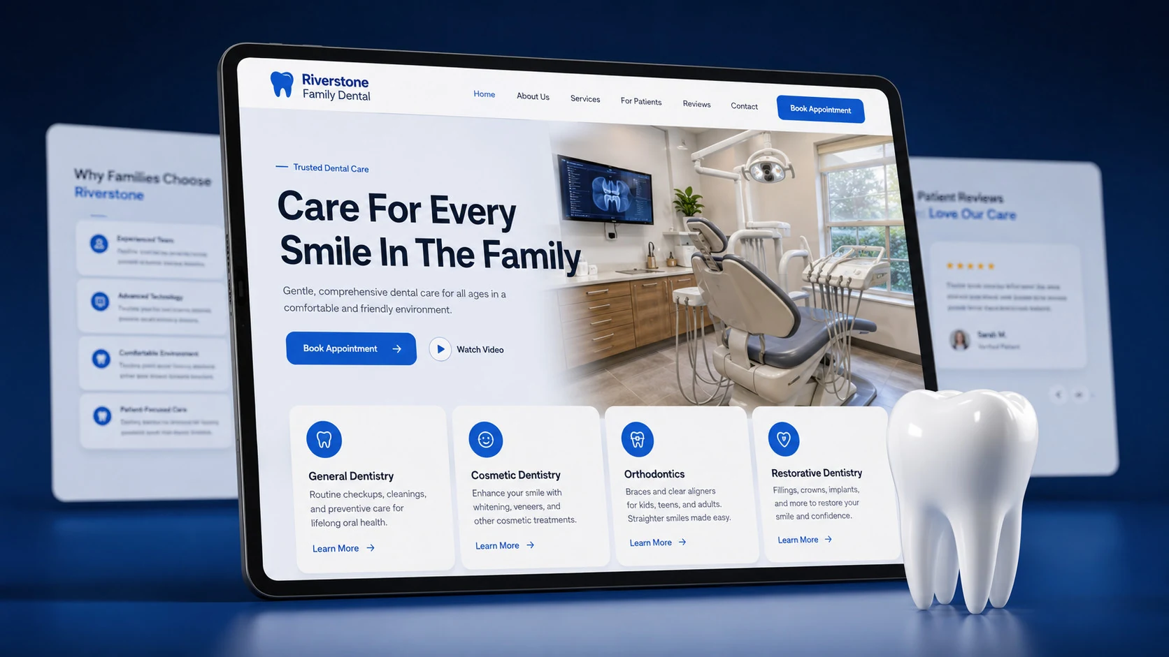 Family dental practice website design concept on a tablet, designed by Proximity Ranker