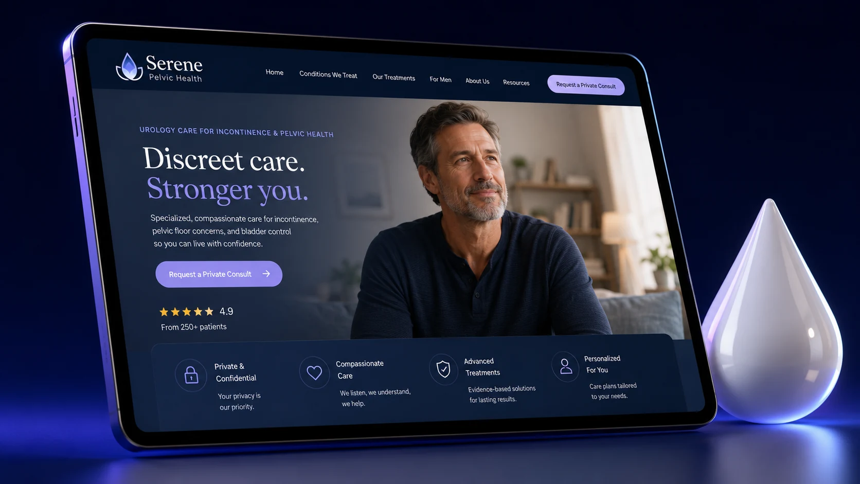 Incontinence and pelvic health urology website design concept on a tablet, designed by Proximity Ranker