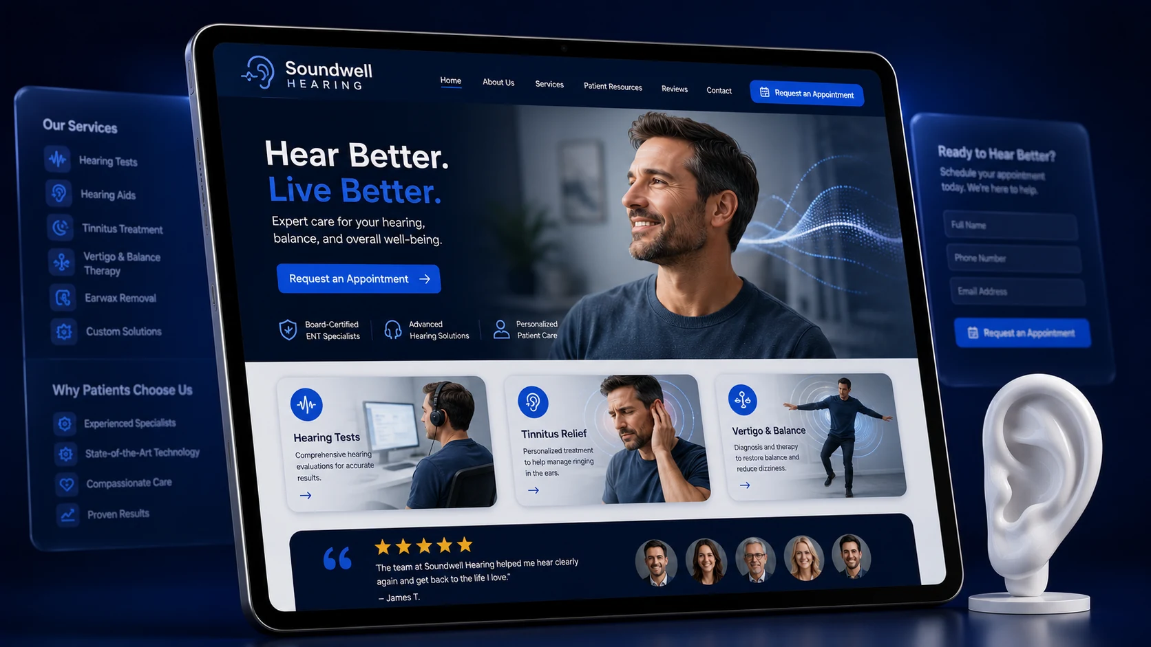 Hearing and balance ENT practice website design concept on a tablet, designed by Proximity Ranker