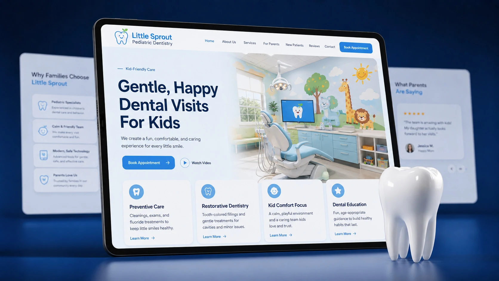 Pediatric dental practice website design concept on a tablet, designed by Proximity Ranker