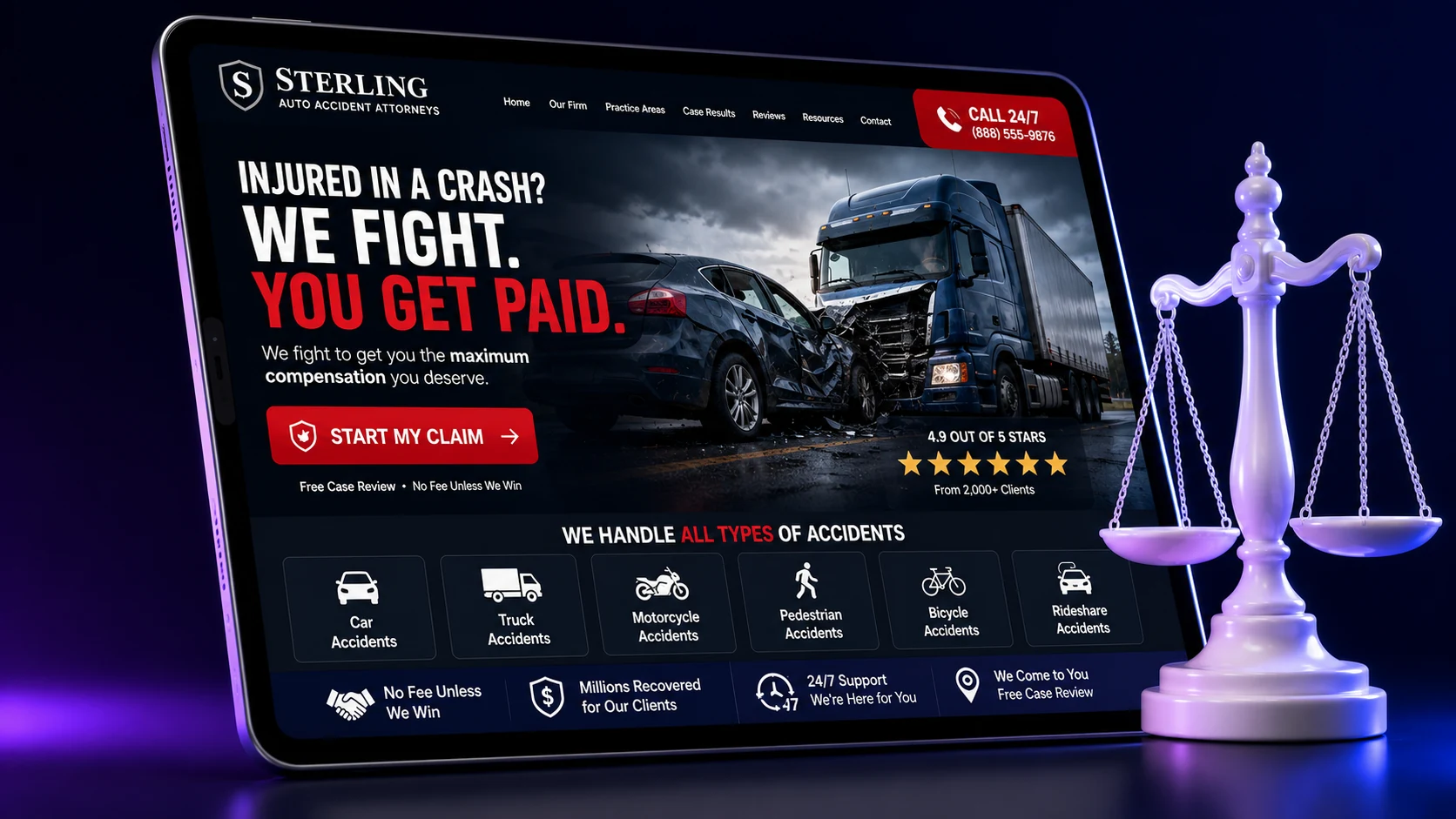 Car and truck accident law firm website design concept on a tablet, designed by Proximity Ranker