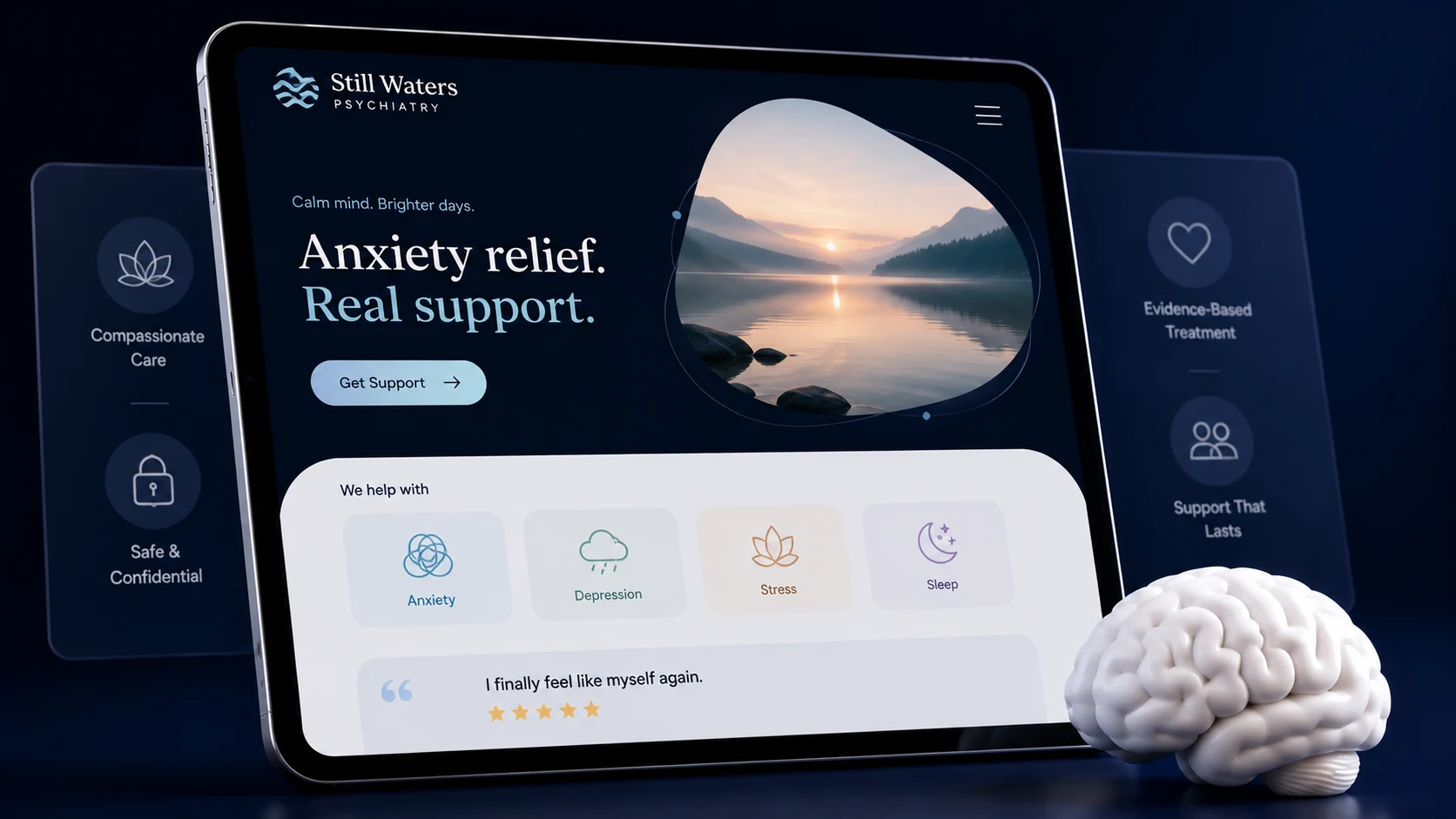 Anxiety and depression psychiatry website design concept on a tablet, designed by Proximity Ranker
