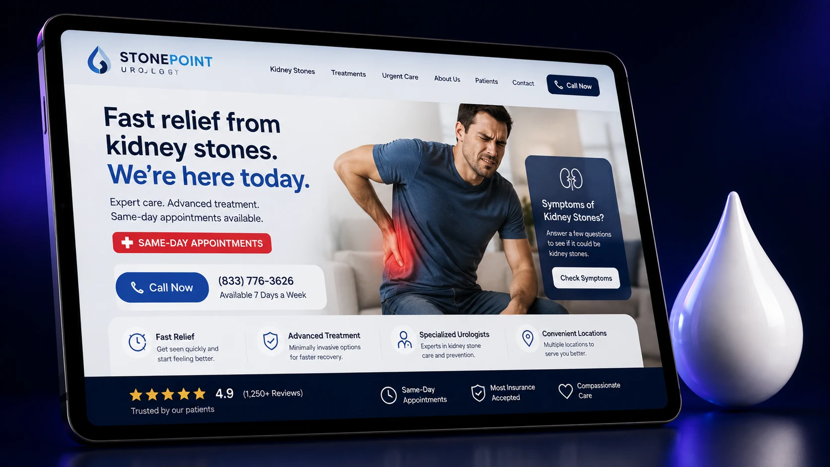 Kidney stone and urgent urology website design concept on a tablet, designed by Proximity Ranker