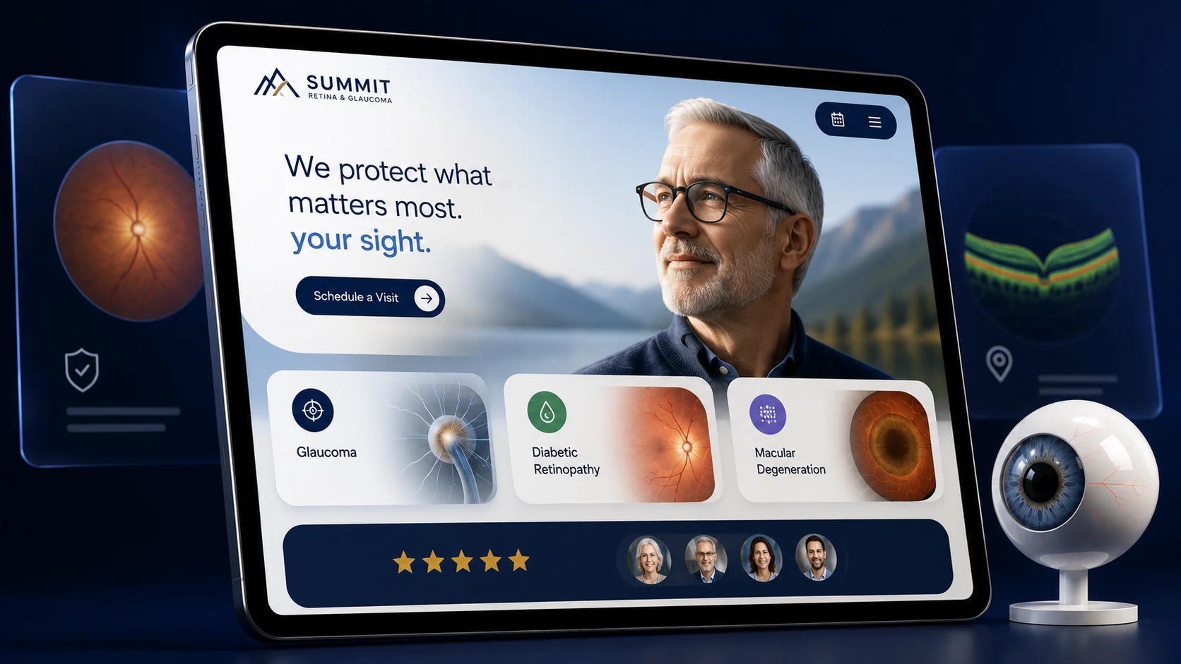 Medical retina and glaucoma ophthalmology website design concept on a tablet, designed by Proximity Ranker