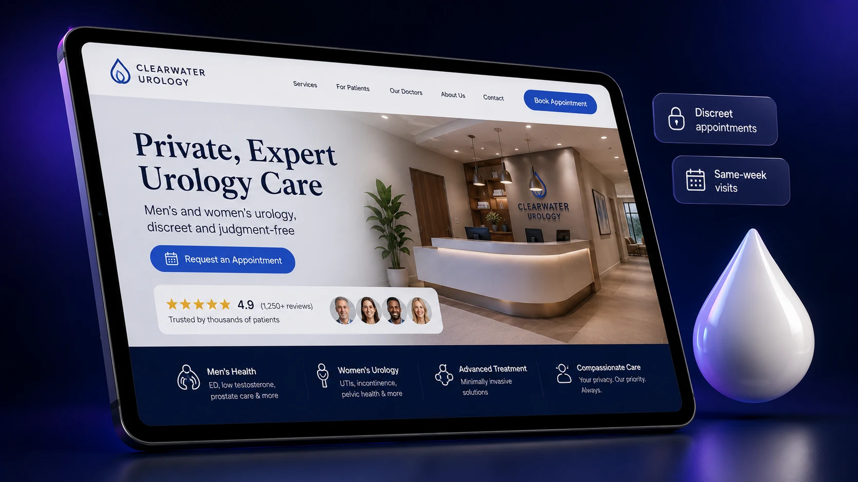 Comprehensive urology practice website design concept on a tablet, designed by Proximity Ranker