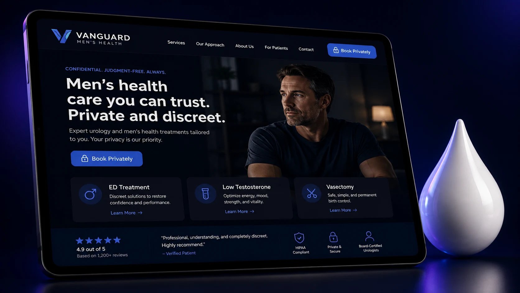 Men's health and erectile dysfunction urology website design concept on a tablet, designed by Proximity Ranker