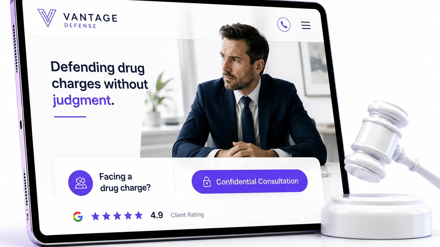 Drug charge criminal defense law firm website design concept on a tablet, designed by Proximity Ranker