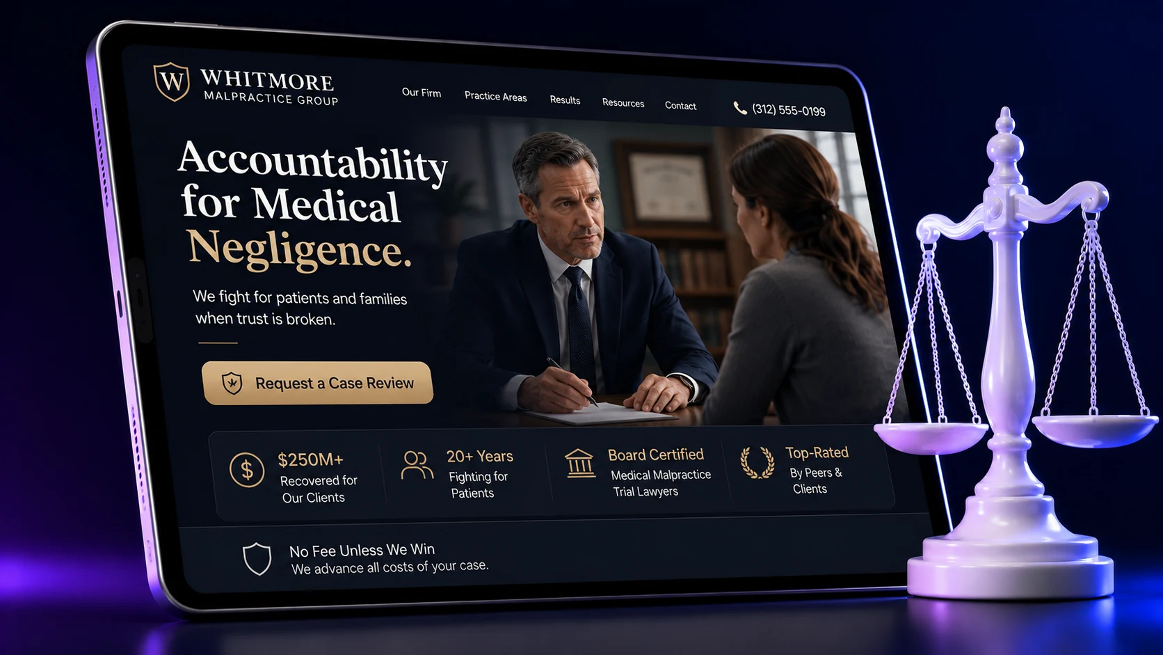 Medical malpractice law firm website design concept on a tablet, designed by Proximity Ranker