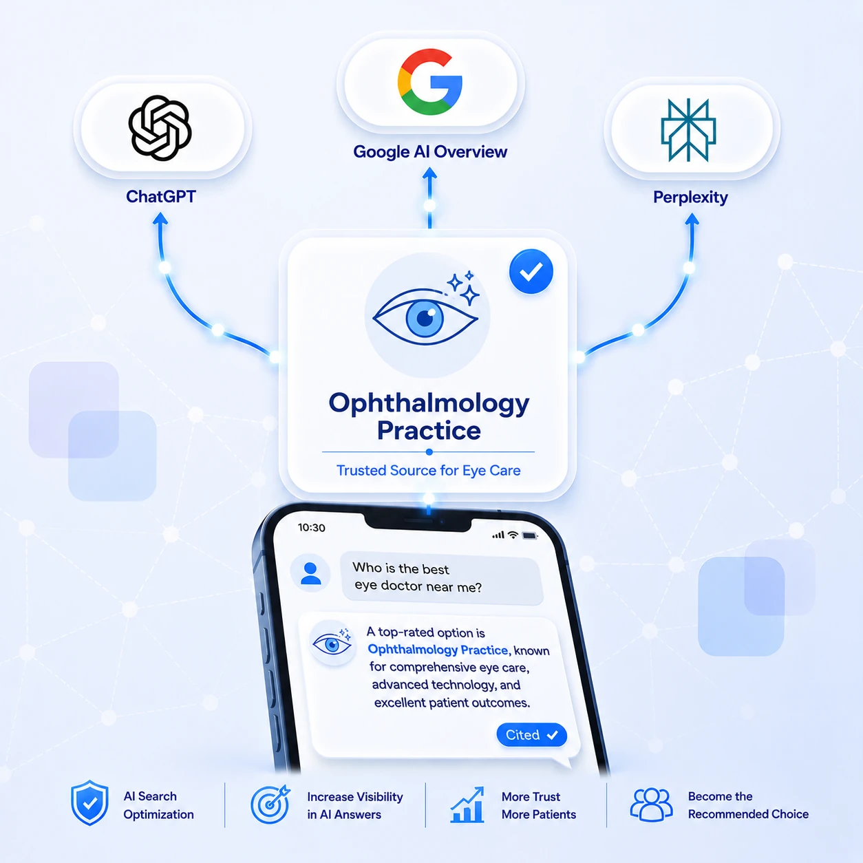 A verified Ophthalmology Practice card at the centre with a stylized eye icon, marked Trusted Source for Eye Care with a blue check badge, connected by glowing lines out to ChatGPT, Google AI Overview and Perplexity above and down to a phone below. On the phone a patient asks who the best eye doctor near them is, and the AI answer names Ophthalmology Practice as a top-rated option for comprehensive eye care, advanced technology and excellent patient outcomes, with a Cited badge