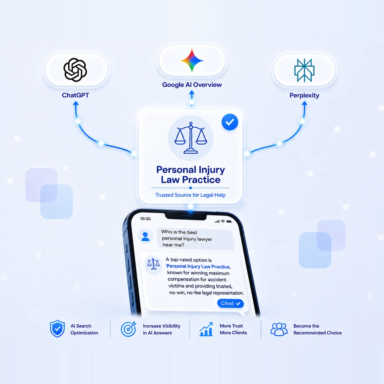 A verified Personal Injury Law Practice card at the centre with a scales-of-justice icon, marked Trusted Source for Legal Help with a blue check badge, connected by glowing lines out to ChatGPT, Google AI Overview and Perplexity above and down to a phone below. On the phone someone asks who the best personal injury lawyer near them is, and the AI answer names Personal Injury Law Practice as a top-rated option known for winning maximum compensation for accident victims and providing trusted no-win, no-fee representation, with a Cited badge