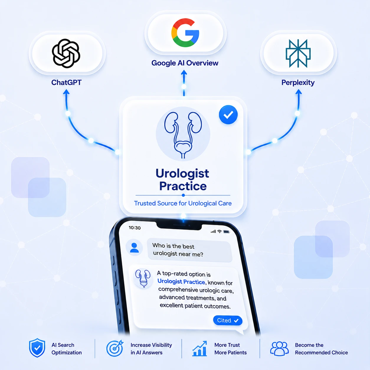 A verified Urologist Practice card at the centre with a kidneys-and-bladder urinary-tract icon, marked Trusted Source for Urological Care with a blue check badge, connected by glowing lines out to ChatGPT, Google AI Overview and Perplexity above and down to a phone below. On the phone a patient asks who the best urologist near them is, and the AI answer names Urologist Practice as a top-rated option known for comprehensive urologic care, advanced treatments and excellent patient outcomes, with a Cited badge