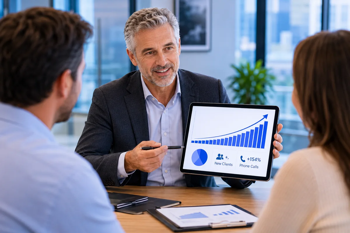 Financial advisor presenting a rising growth chart on a tablet to a client couple