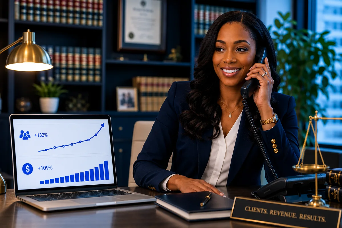 Attorney taking a client call at her desk while her laptop shows rising client and revenue growth charts