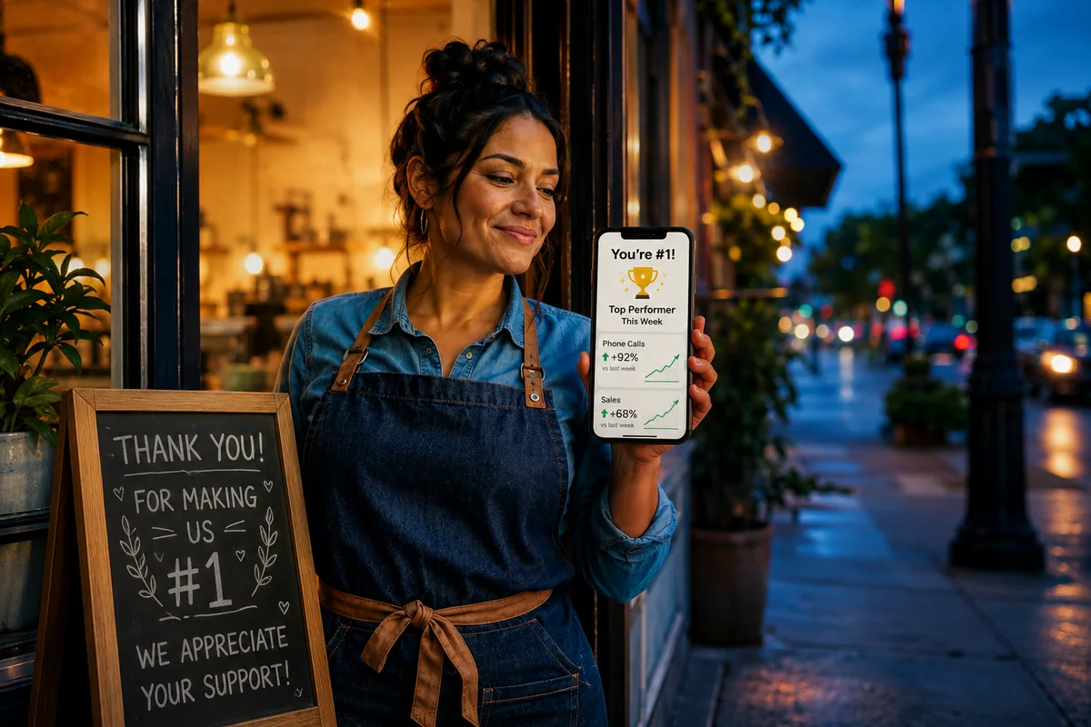 Cafe owner outside her shop at dusk holding a phone showing her business ranked as top performer