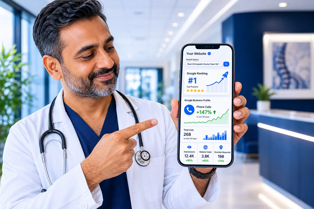 Doctor in a modern clinic pointing at a smartphone showing his practice ranked number one on Google with rising phone calls