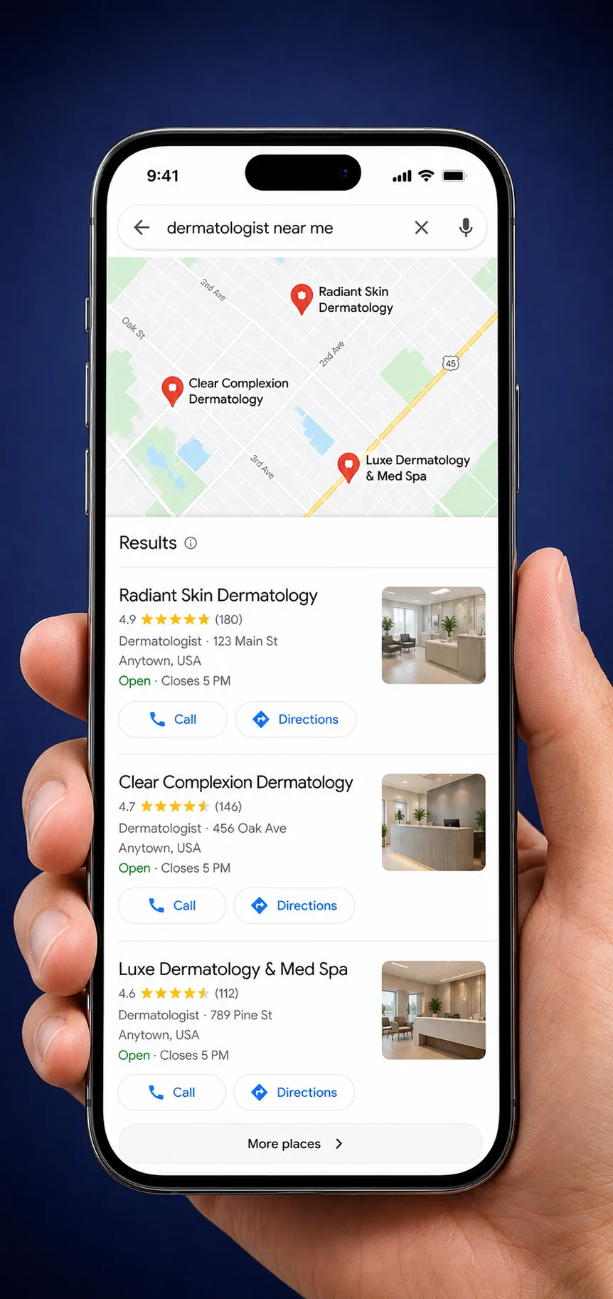 Google Maps top ranking for a dermatologist near me search