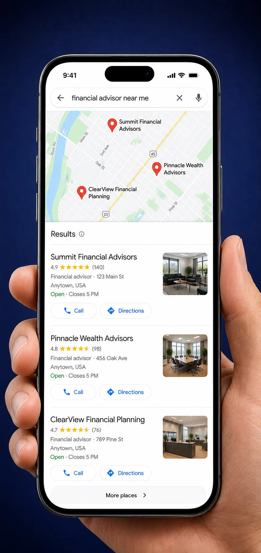 Google Maps top ranking for a financial advisor near me search
