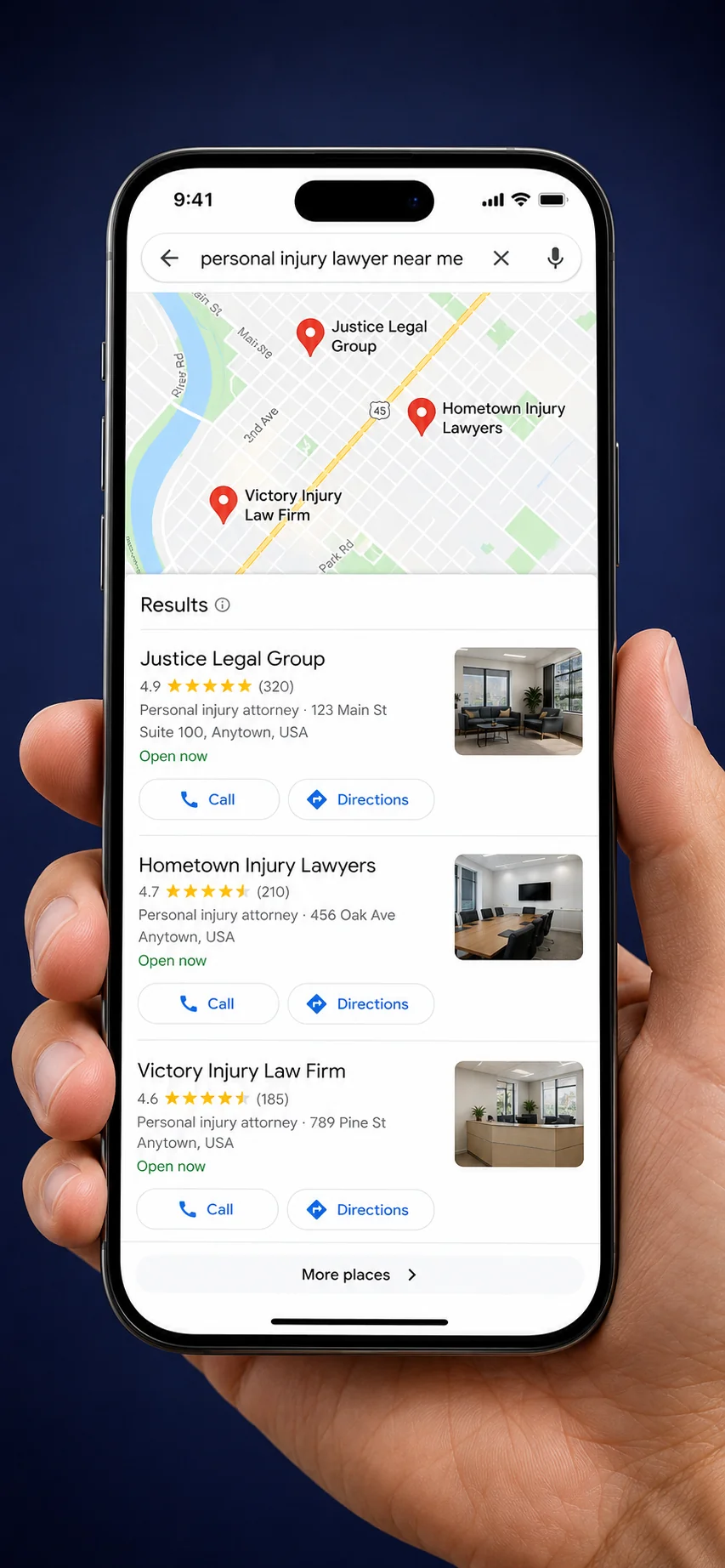 Google Maps top ranking for a personal injury lawyer near me search