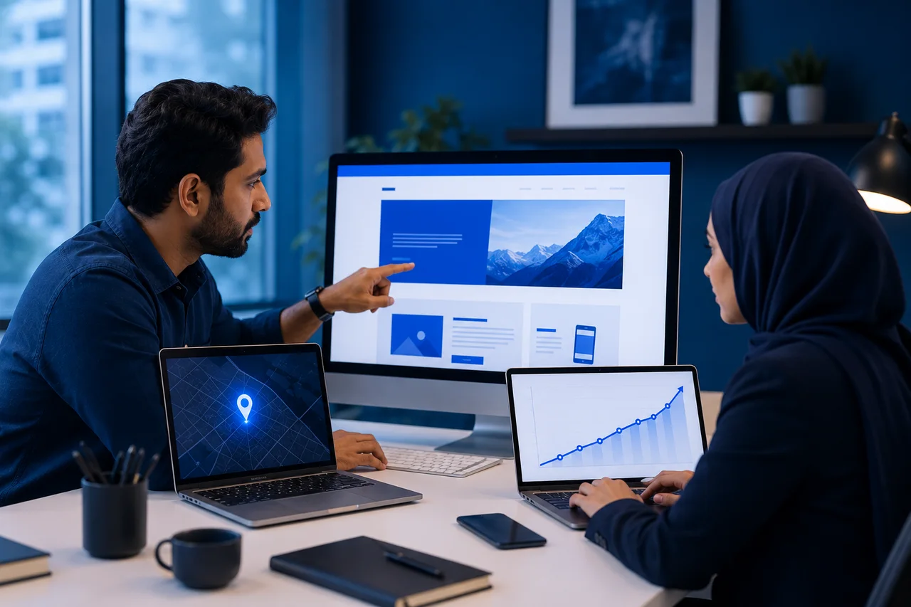 Two-person web team reviewing a website design, a rising search analytics chart and a local map pin across three screens at one desk
